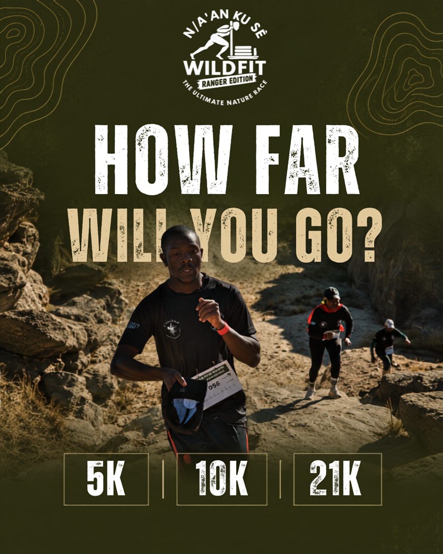 Trail runners on wild terrain for the N/a'an ku sê Wildfit Ranger Edition. Headline: Conquer the Wild.